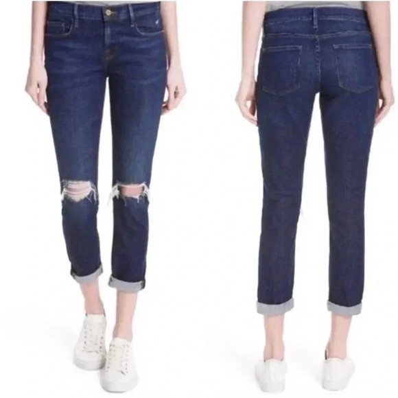FRAME Le Garcon Size 31 Ankle Slim Boyfriend Jeans Mid Rise Distressed Crop - Picture 15 of 16